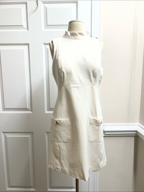 White House Black Market Cream ivory Sleeveless Shift Dress Front Pockets sz 10